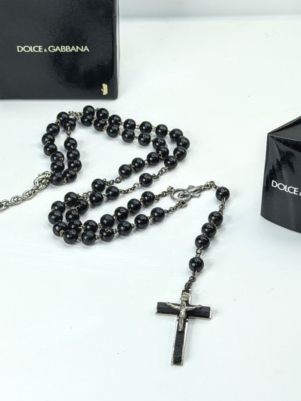 Vintage Dolce & Gabbana 925 Silver Black Bead Rosary Crucifix Necklace JR1983